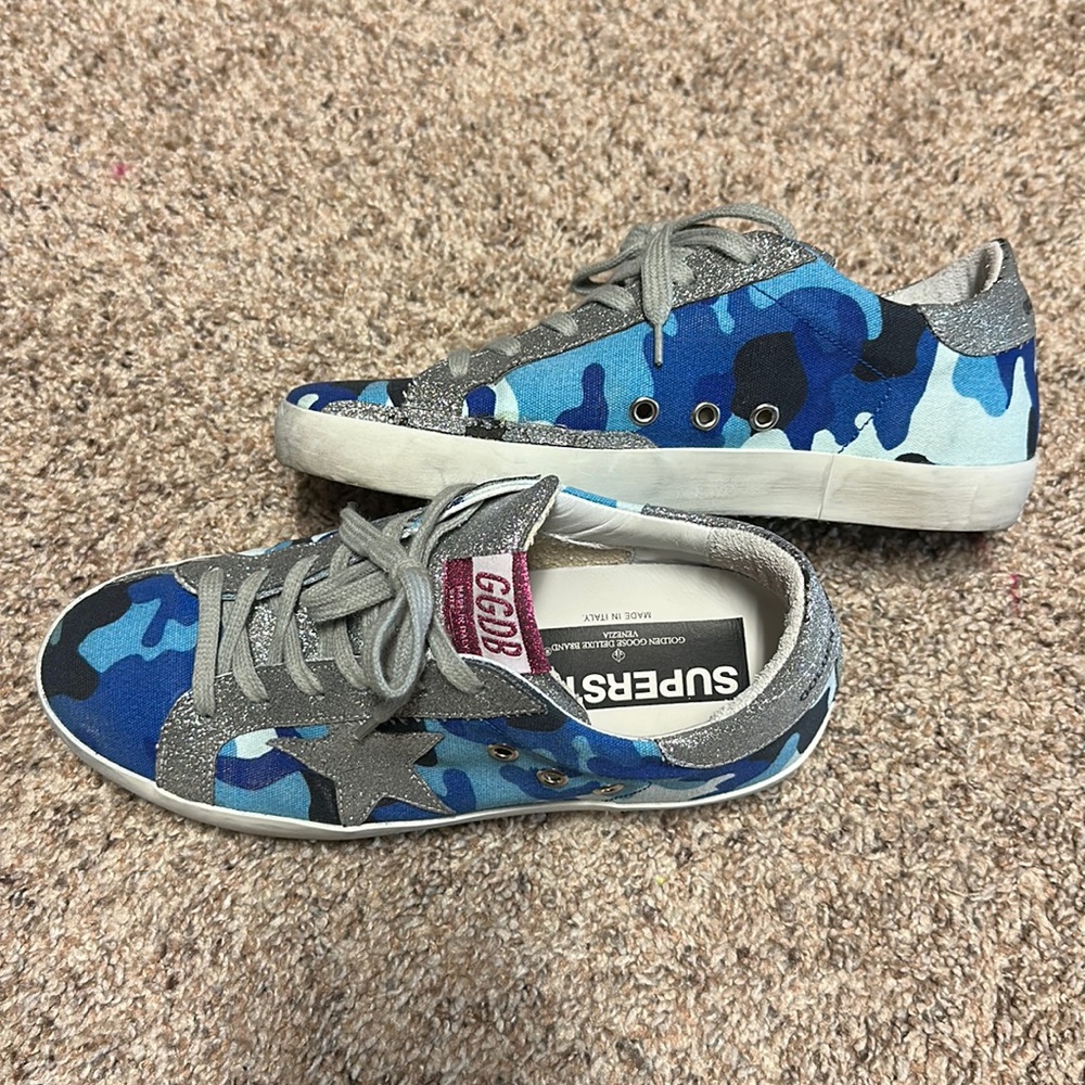 Limited Edition Golden Goose Blue Camo with Silver Glitter sz 37